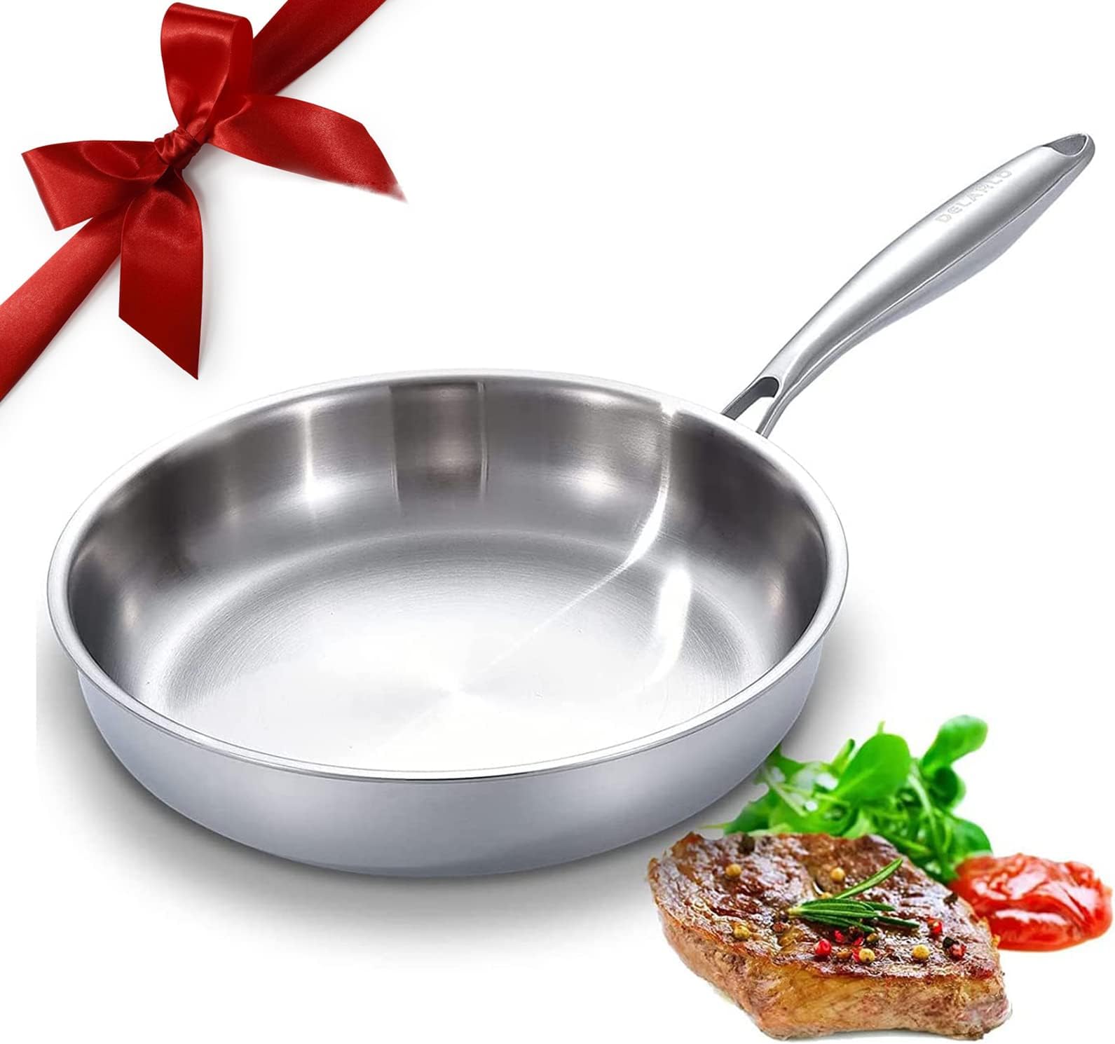 DELARLO 12" Stainless Steel Three Layer Frying Pan - Fits All Hobs up to 600°F (360°C) Induction Frying Pan Oven Safe Non Toxic Cooking Surface 12.5" Heat