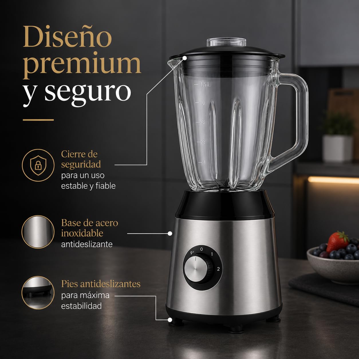 Batidora de Vaso 1500W, Jarra Cristal 1,5L y 6 Cuchillas de Titanio | 2 velocidades + Pulse, base de acero inoxidable y piezas aptas lavavajillas