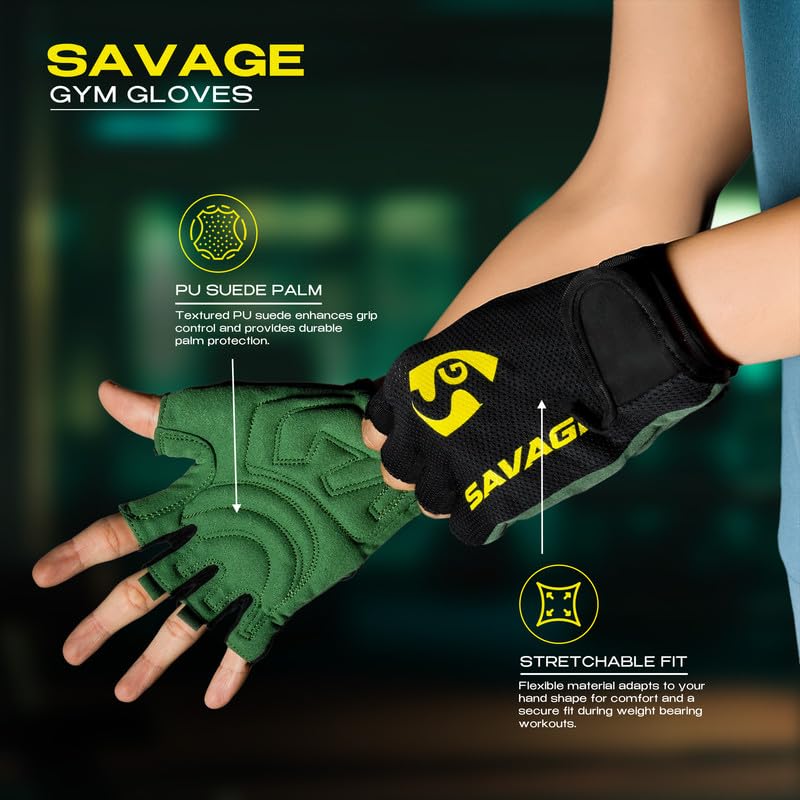 Image of SG Savage Gym Gloves for Men & Women | Half Finger Workout Gloves with Non-Slip Palm, Weightlifting & Training Gloves with Wrist Support for Gym, Fitness, Exercise & Cycling