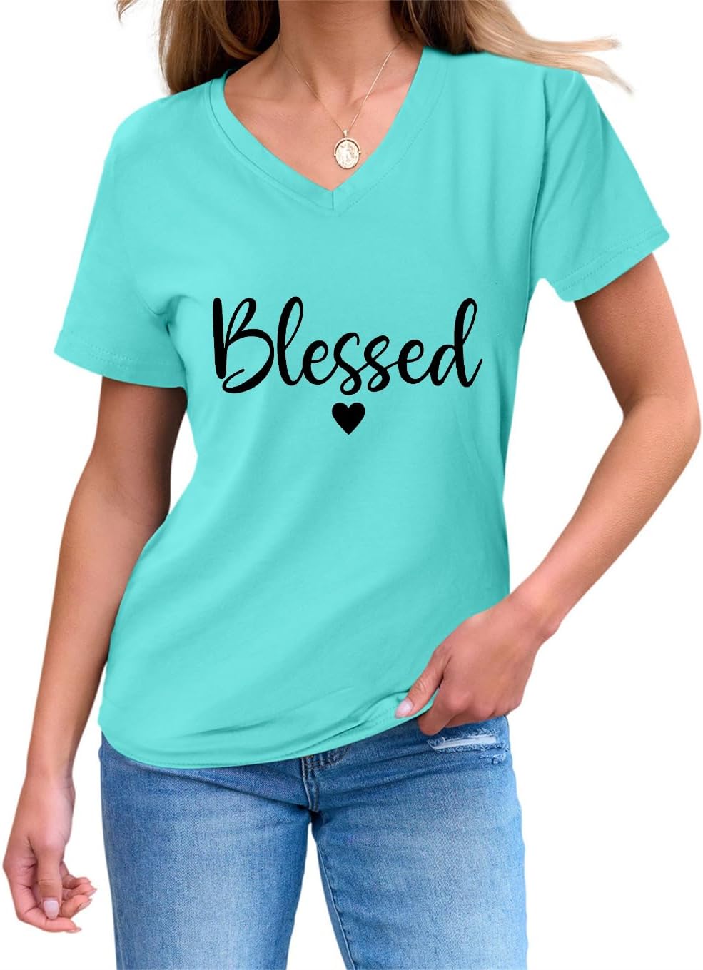 Blessed Shirts Women Cute Heart Graphic Tee V-Neck Short Sleeve Thankful T Shirt Casual Christian Religious Faith Top - Image 2