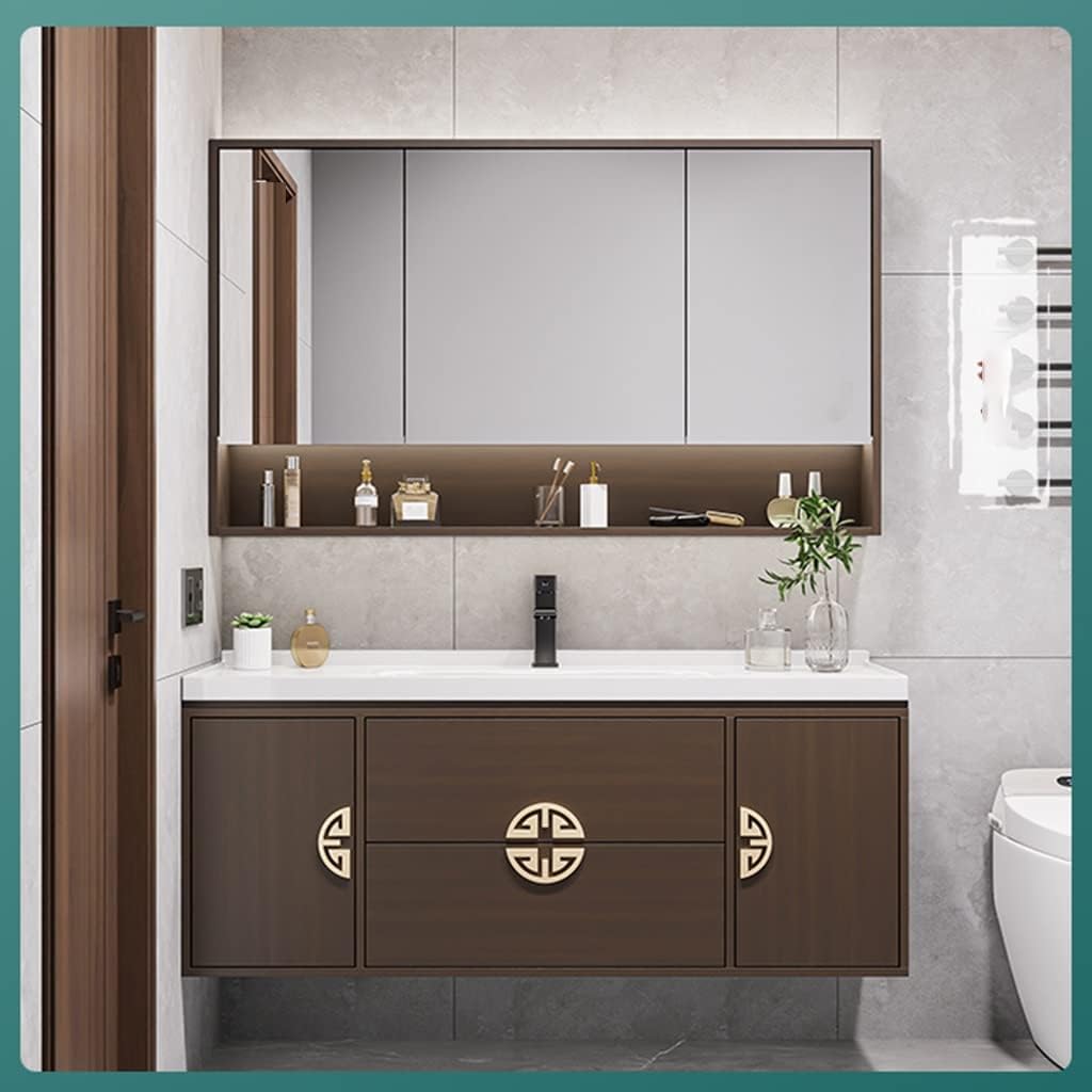 Wall Mounted Bathroom Storage Cabinet Set with Double Door, Floating Sink Pedestal Cabinet, Toilet Medicine Cabinet with Mirror (Color : Brown, Size : 90cm)