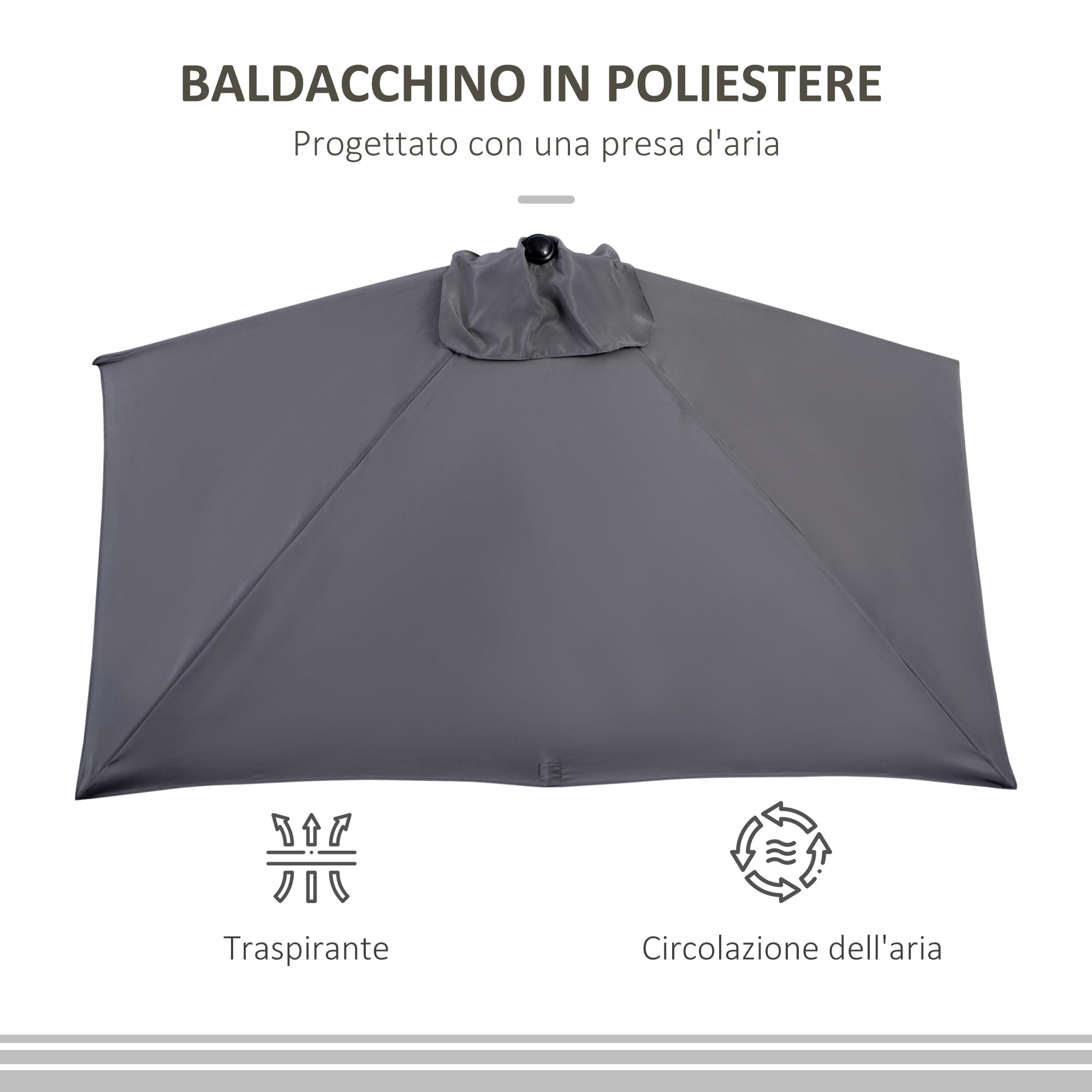 Outsunny Ombrellone Mezzaluna da Parete e Muro 2.3x1.3 m con Apertura a Manovella, Ombrellone da Giardino con 5 Stecche in Metallo e Poliestere 180g/㎡, Anti UV, per Terrazza e Balcone
