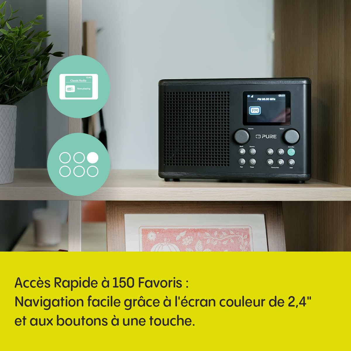 Pure Classic H4i – Radio Internet avec WiFi, Dab+, FM, Bluetooth 5.3 et USB – Haut-Parleur 10 W – Écran Couleur 2,4" – 150 Stations – Minuterie Sommeil et Cuisine – Entrée AUX – Noir