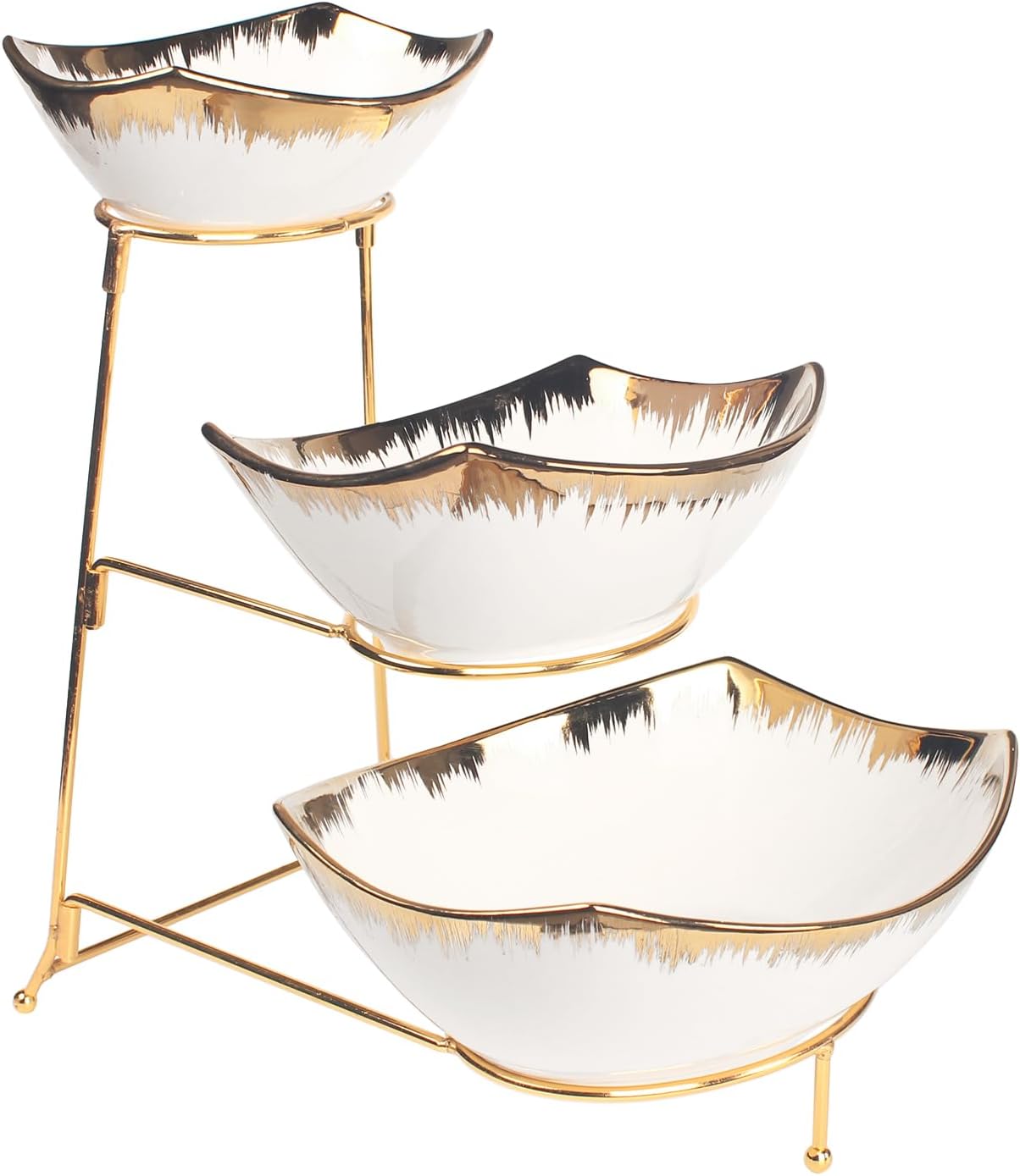 3-Tier Serving Rack with Ceramic Serving Bowls, Foldable Gold Stand with 3 Pieces 7.1"/8.5"/10.2" Gold Rim Large Bowls, Bowl for Food Display, Fruit, Dessert Server Display and Entertaining 3-tier 7.1"/8.5"/10.2" Serving Bowls
