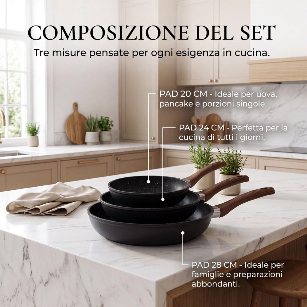 081 Store - Set 3 Padelle Antiaderenti Nere 20, 24 e 28 cm, Padelle per Induzione, Gas e Tutti i Piani Cottura, Rivestimento Effetto Granito, Alluminio Forgiato, Senza PFOA, Manici Effetto Legno