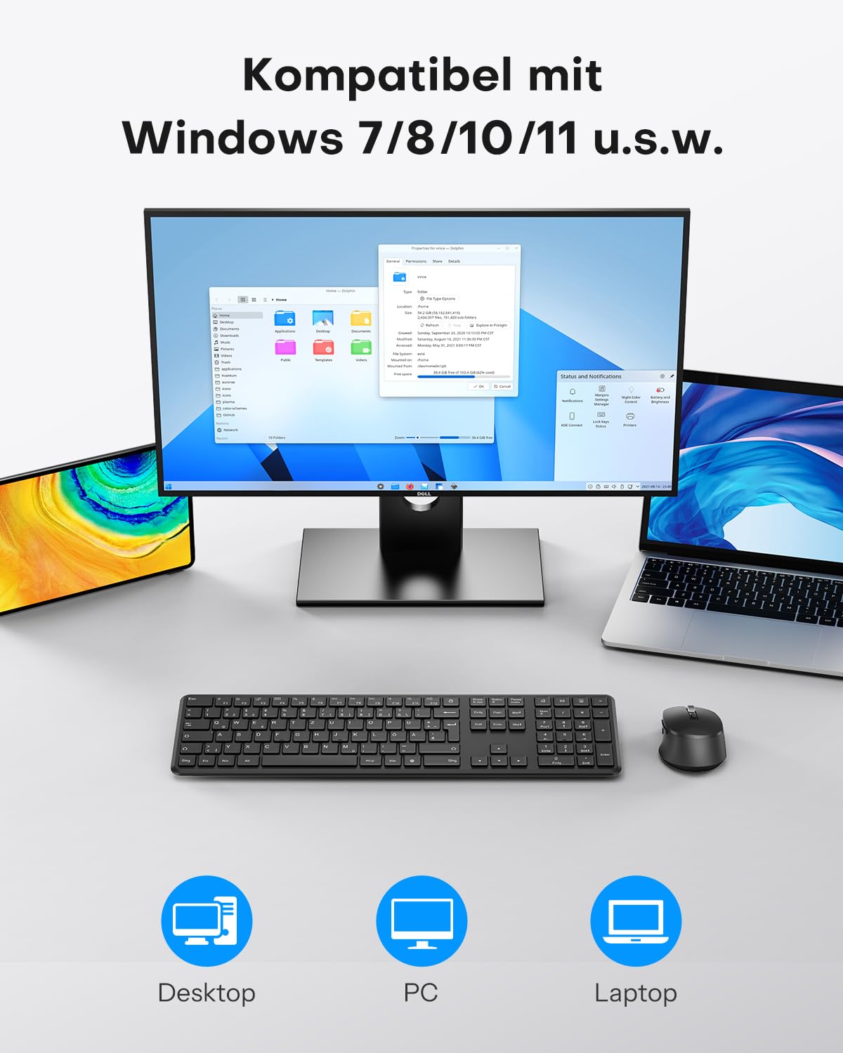 OMOTON Tastatur Maus Set Kabellos, Funktastatur und Maus 2,4 GHz in Voller Größe, QWERTZ Deutsches Kabellose Tastatur mit Maus für Windows 11/10/8/7, Desktop, PC, Laptop (Batteriebetrieben), Schwarz