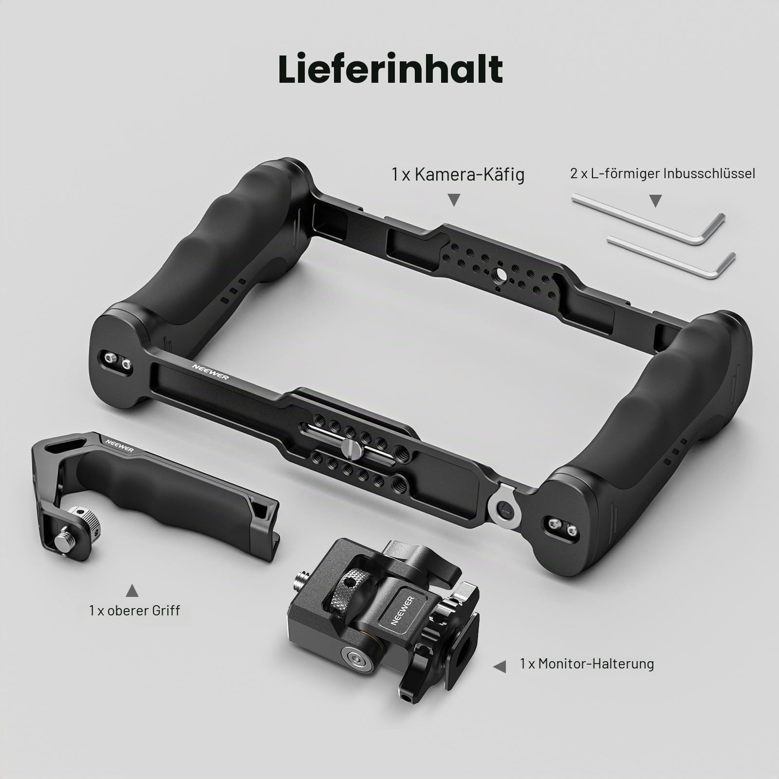 NEEWER Universal Kamera Käfig Cage mit oberem Griff, Zubehör Monitor Halterung, Arca Typ Kamera Gimbal Stabilisator Video Rig, Zwei Handgriffe und 3/8 kompatibel mit SmallRig CA016T+MA006