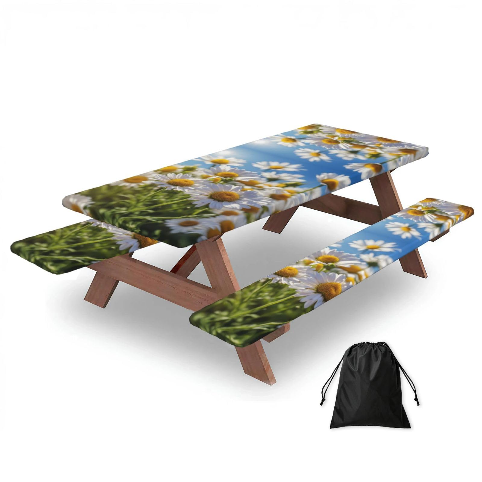 Zyjhyy Black Wild White Daisy Flower Print 3 Pack Wipeable Picnic Bench Cover And Table Cover Lightweight Table Cloth For Camping Outdoor