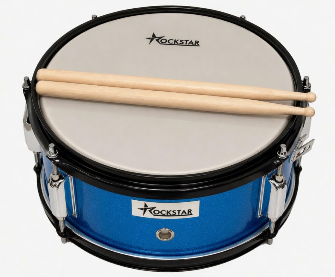 ROCKSTAR - Tambor de Madera Afinable SMS-1205BL 12" x 5" (30,5 x 12,7 cm) Caja de Marcha, Instrumento de Percusión con Bordón Ajustable, Correa y Baquetas Incluidas. Azul metalizado.