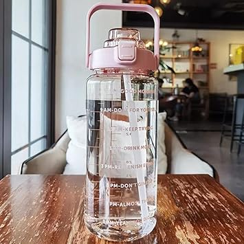 Plastic 2L:-Capacity Belt Straw|Transparent Motivational Water Bottles|Time Marker Leak Proof&Break-Proof|Best Usage For-Sport/Office/School/Gym-2L:- (PINK) - image, photos
