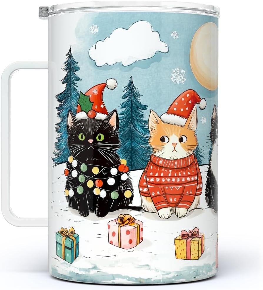 Festive Christmas Cats Insulated Coffee Mug with Lid, Cute Cat Lover Holiday Cup (18oz)