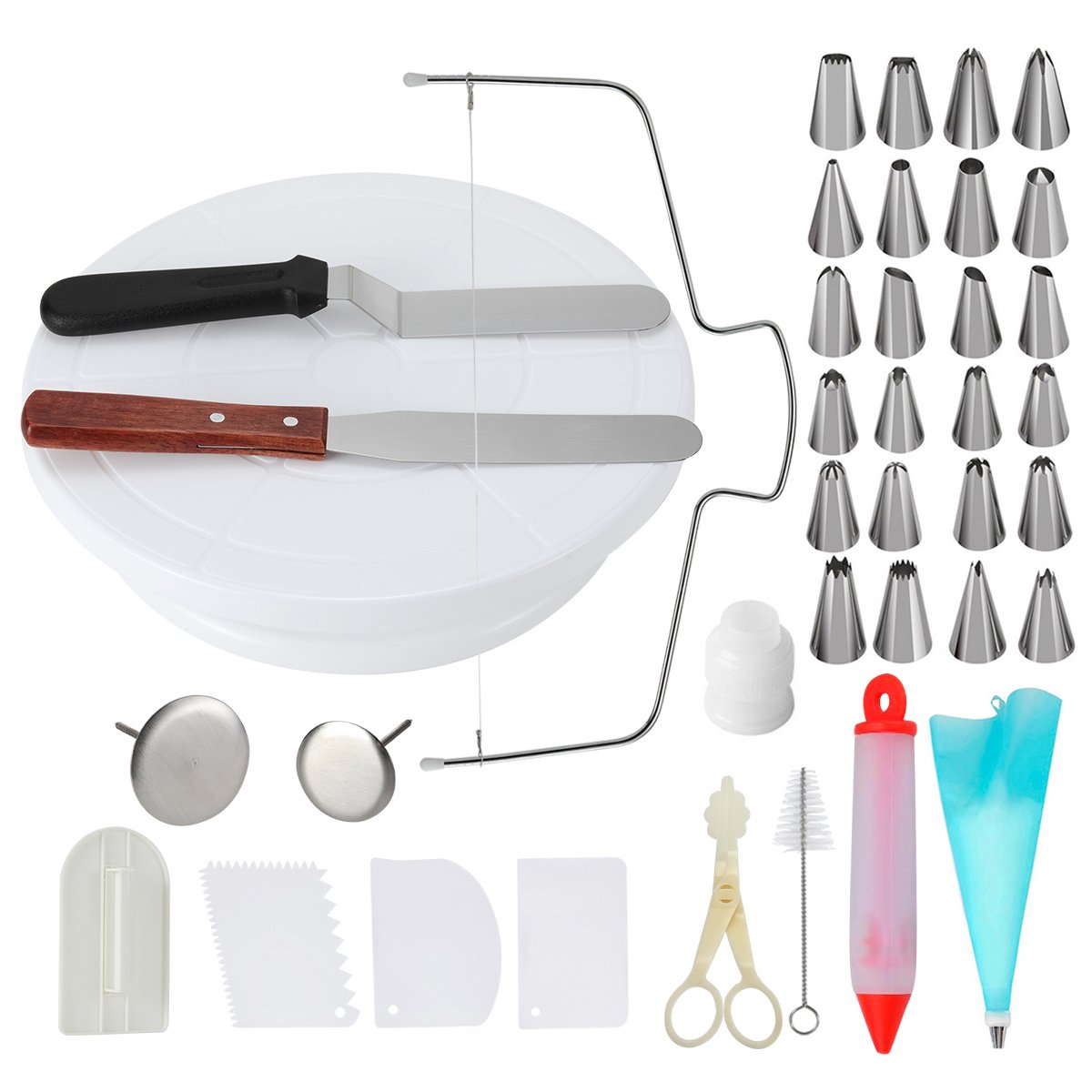 Cake Decorating Supplies with 24 Piping Nozzles Roating Cake Turntable,Cake Leveler with 2 PCS 12.7'' Icing SpatulaIcing,Smoother,Pastry Bag,Cake Syring,Cutter,Flower Lifter