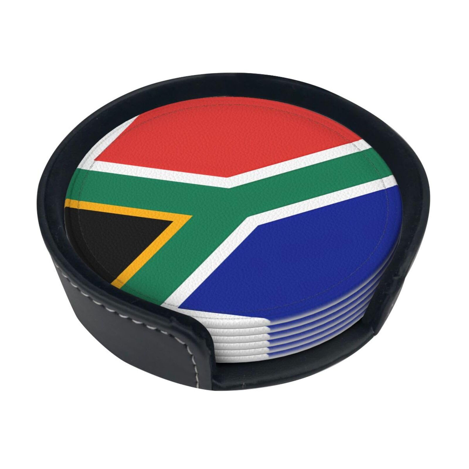 South Africa Flag Printed Coaster Set, with Holders, 6 Pieces. Suitable for Dining Tables, Kitchen Decor, and Coffee Tables.