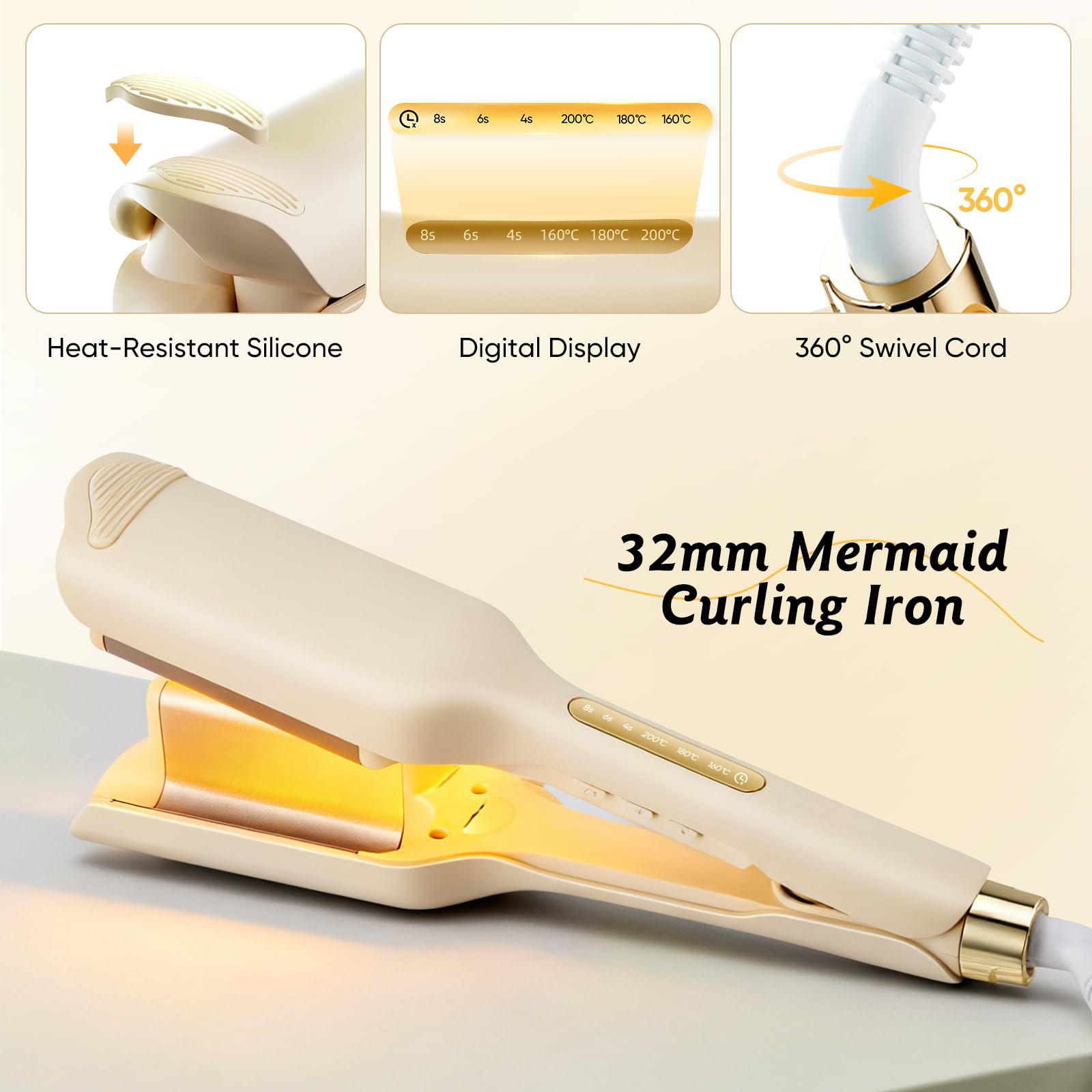 Plancha onduladora para el cabello con grandes ondas de 32 mm, 3 temperaturas ajustables, calentamiento rápido, pantalla LCD, protección contra el calor, temporizador integrado y apagado automático