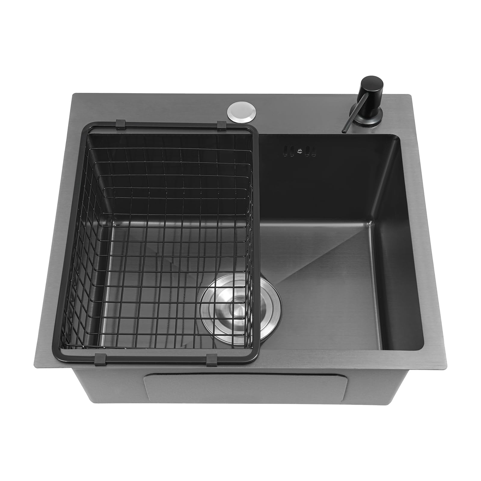 Black Stainless Steel Kitchen Sink, Single Bowl with Drainer, 45x40cm, Includes Waste Kit & Soap Dispenser