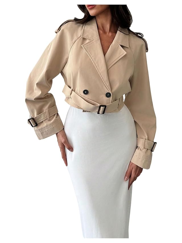 GORGLITTER Womens Cropped Short Trench Coat Jacket Fall Trendy Long Sleeve Belted Double Breasted Casual Work Outerwear 2025
