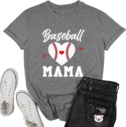 Baseball Mama Shirt for Women Baseball Heart Graphic Tee Novelty Mom Game Day Top, Grey, XL