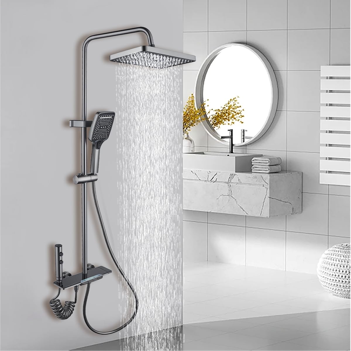 Colonne de douche avec Mitigeur, système de douche avec douche à effet de pluie 30x20cm, douchette à main,bec de baignoire caché,hauteur réglable, et pistolet d'arrosage pour la salle de bain