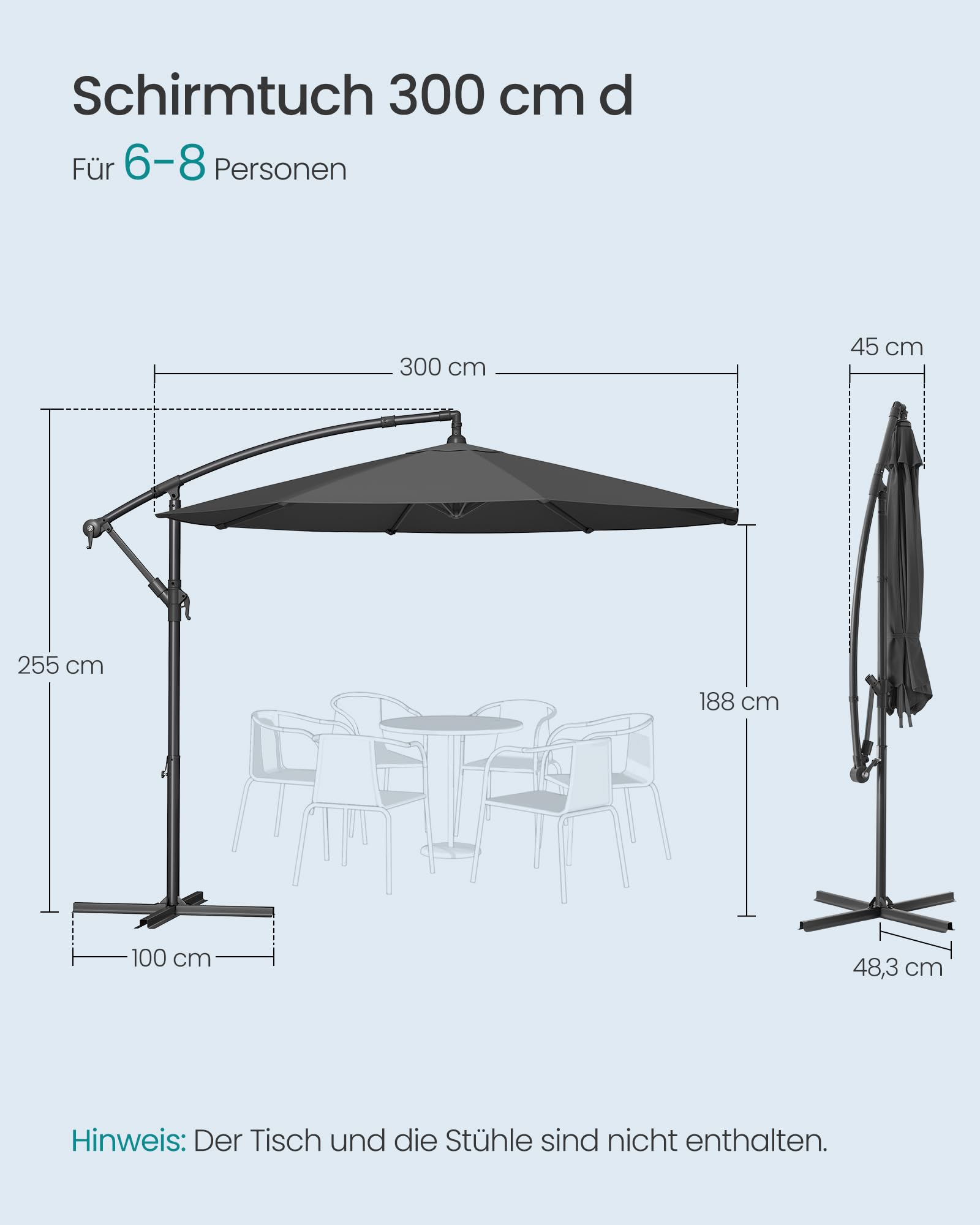SONGMICS Sonnenschirm Ampelschirm 300 cm d mit Ständer UPF 50+ | Sonnenschutz Balkon, Balkonschirm, mit Kurbel zum Öffnen und Schließen, grau GPU116G01V1