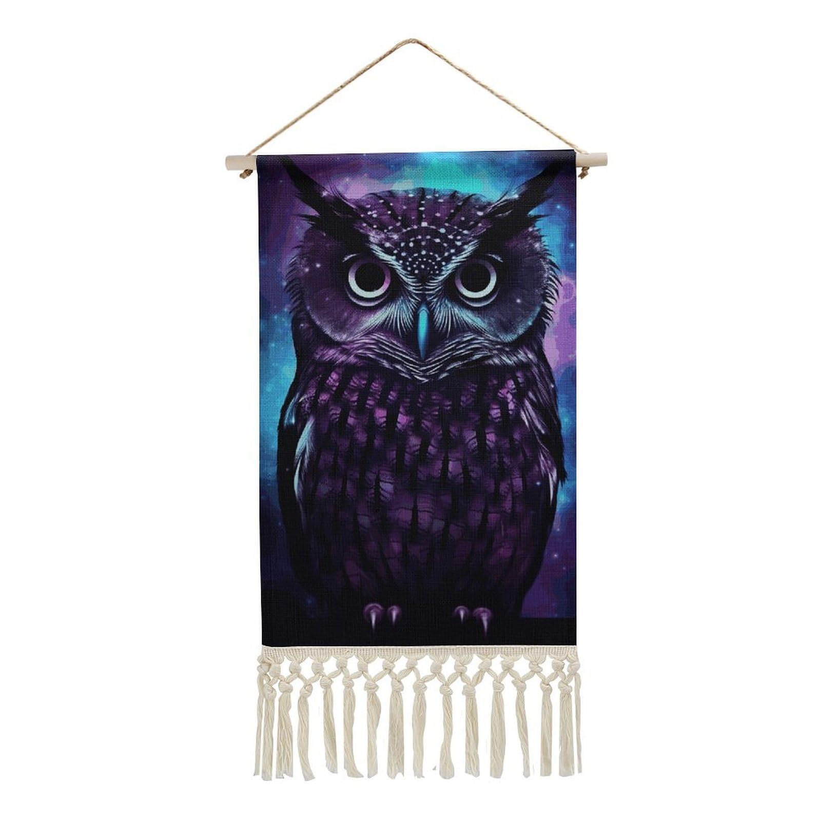 BTCOWZRV Cotton And Linen Hanging Poster with Tassels, Purple Owl Wall Hanging Tapestry Vintage Wall Art Painting Modern Artwork Decoration for Home Decor Ready to Hang 10x19.6 in