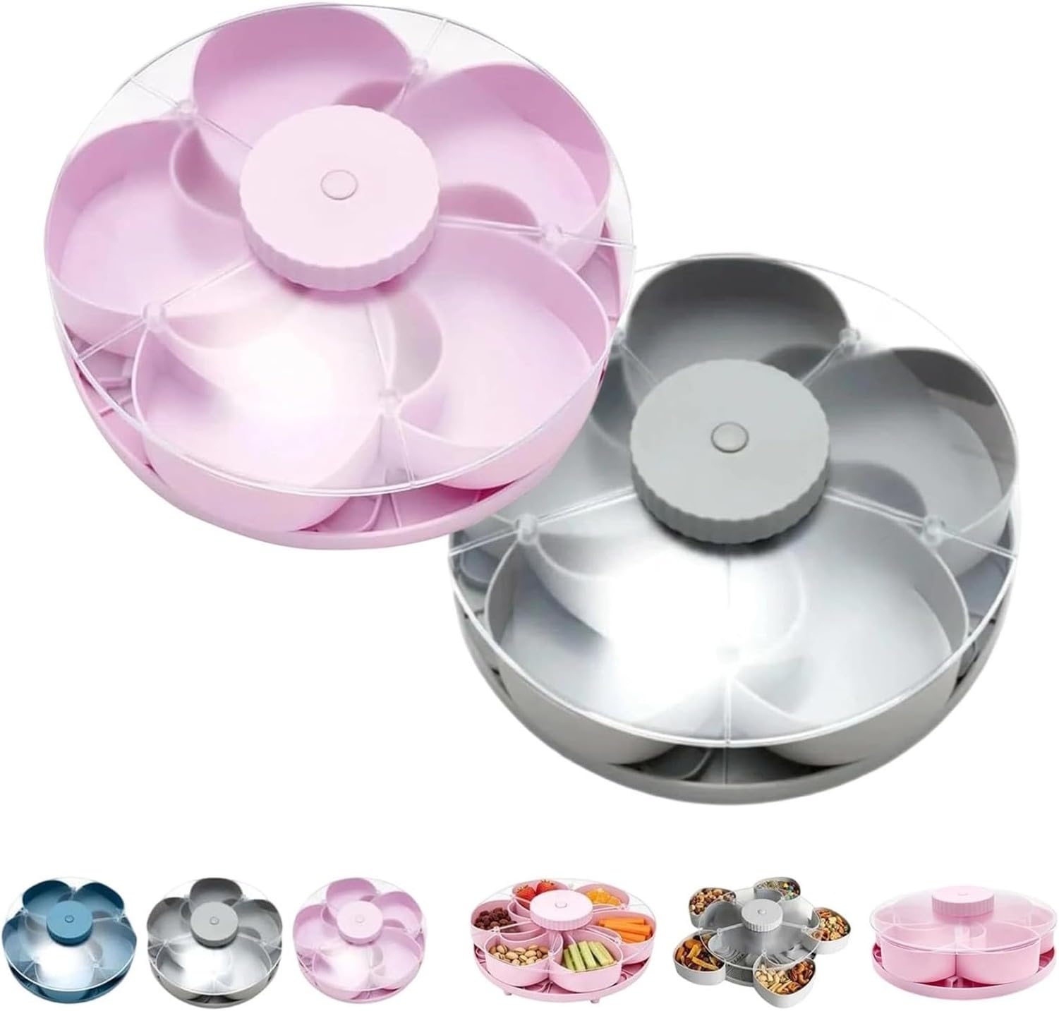 XIUNYIE Divided Rotating Snack Serving Tray with Lid and Lid Compartments, Petal Shaped Multisnack and Dip Plate for Fruit and Vegetable Salads, Food Travel, Party and, #D