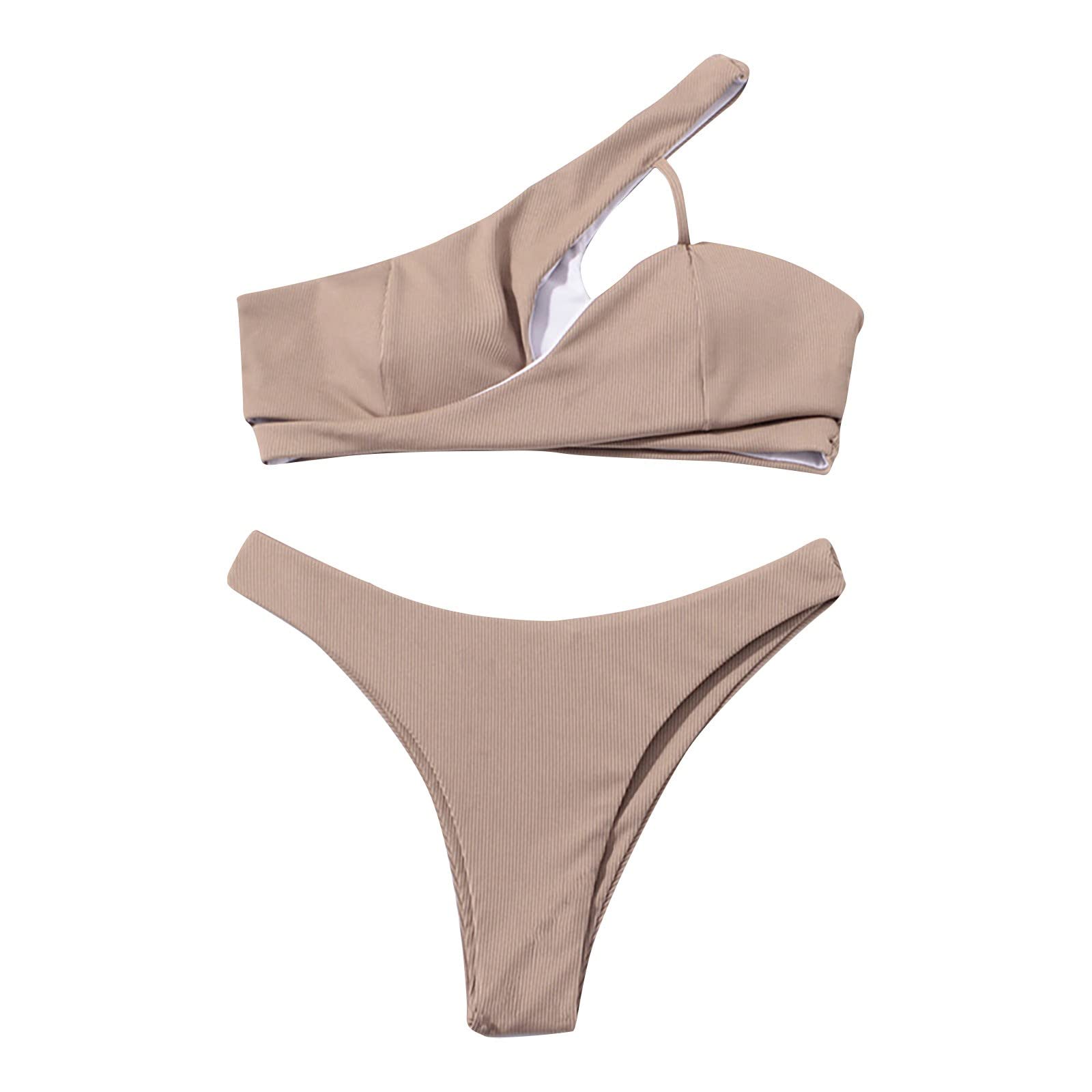 Women's Two Piece Cross Cutout Bathing Suit Solid Color One Shoulder Ribbed Bikini Swimsuit