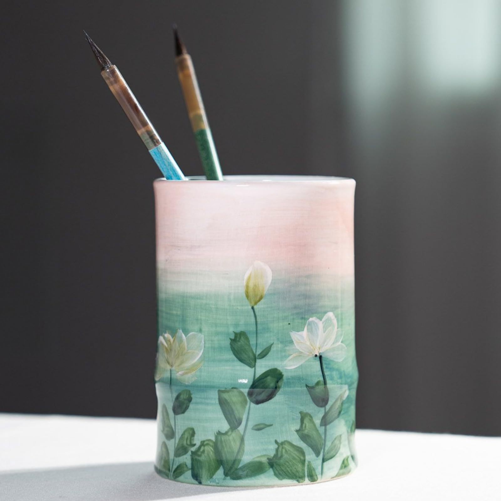 Portapenne in ceramica disegnato a mano, 13,5 cm, ornamento da scrivania e ufficio