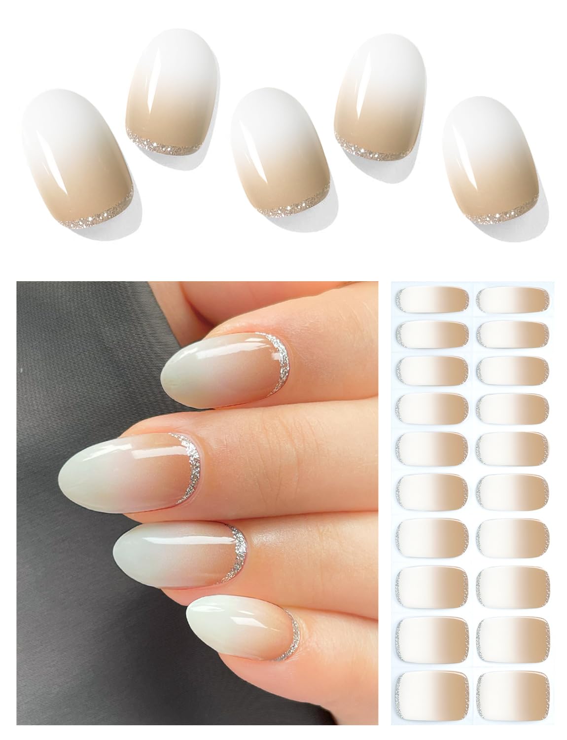 Semi Cured Gel Nail Strips (Nude Ombre)-20 PCS Beige Gel Nail Stickers | UV Light Required | Gel Nail Wraps, Salon Quality & Easy to Use