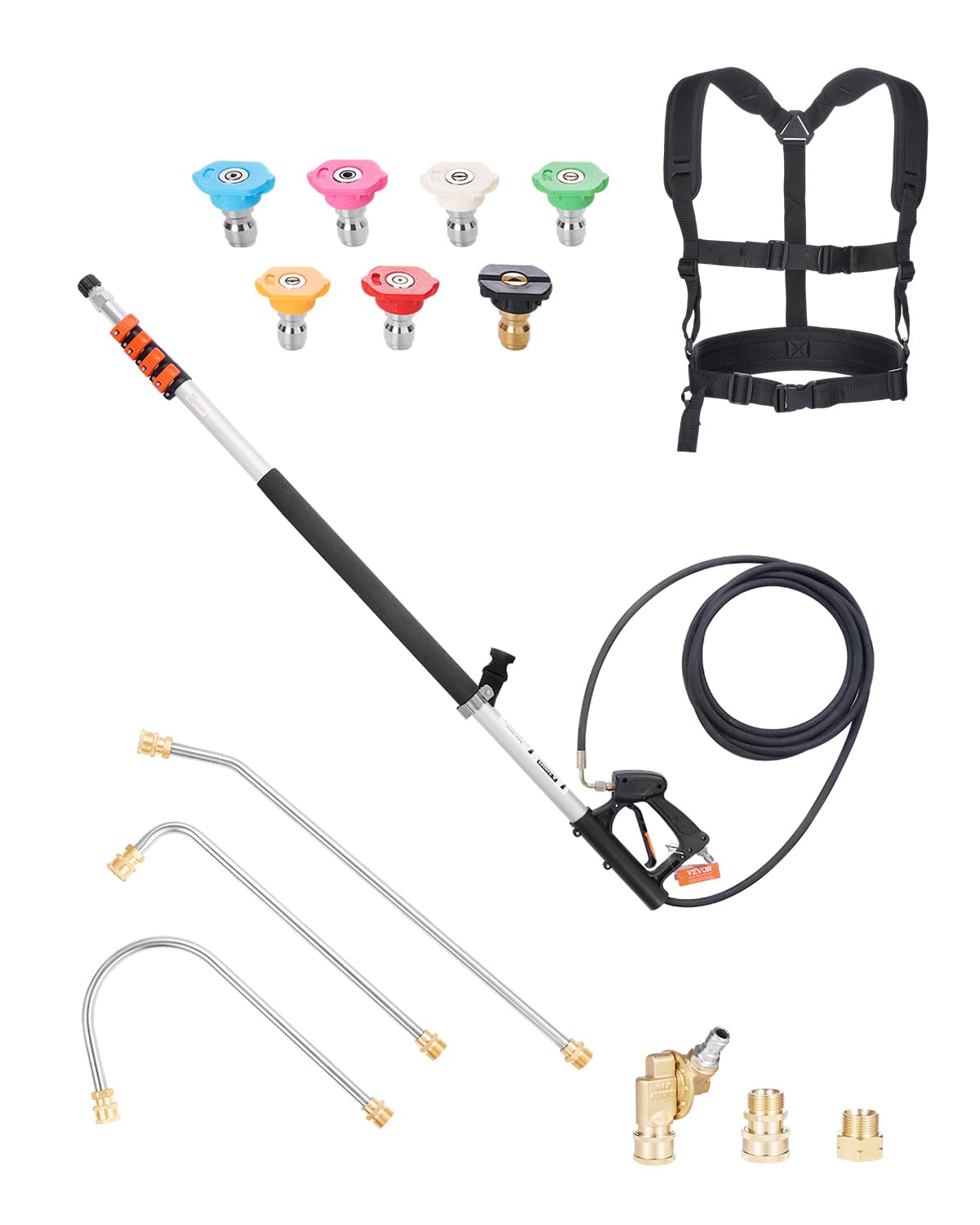 VEVOR Lance Télescopique pour Nettoyeur Haute Pression 6358 mm, Baguette de Pulvérisation Télescopique 4000 psi avec Rallonges, Coupleur Pivotant, 7 Buses, Harnais de Support Réglable, pour Gouttière