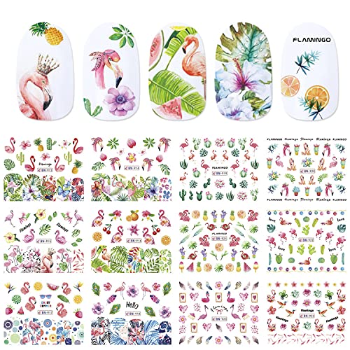 12 Sheets Flamingo Nail Stickers Summer Water Transfer Nail Decals Holographic Art Sticker Decal Pink Flamingo Green Leaf Nail Art Design For Women Girls Supplies Manicure Decoration Nail Art Decal #TOP6