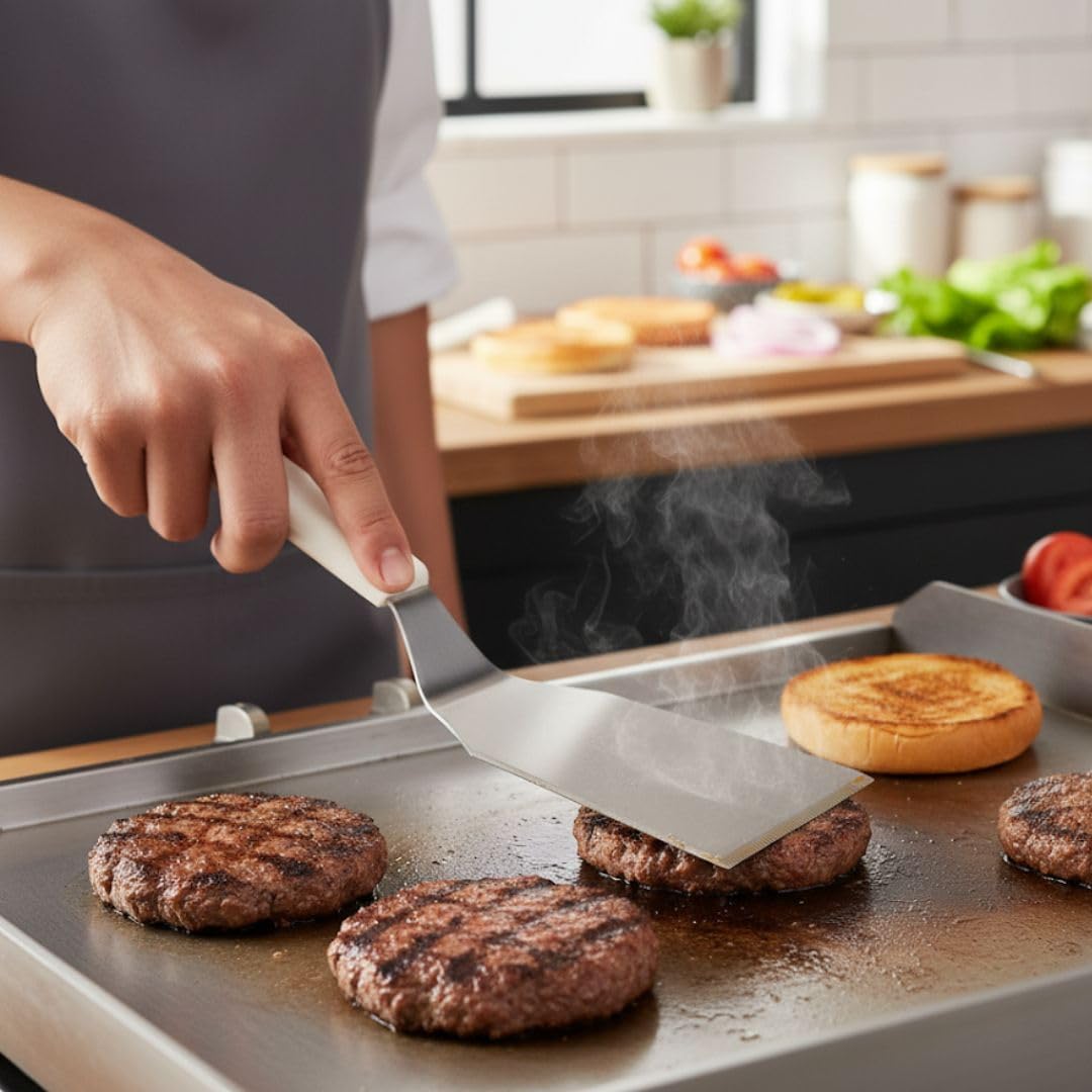 Soro Essentials- 5" x 4" Stainless Steel Hamburger Turner with Offset Blade and Plastic Handle- Turner Spatula Griddle Scraper and Pancake Flipper or Hamburger Turner Great for BBQ Grill