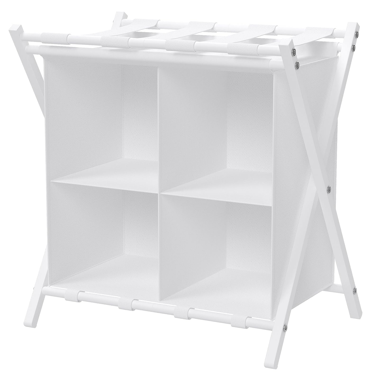 Huhote White Folding Metal Luggage Rack, Suitcase Stand With Storage Shelf, Portable Luggage Rack For Guest Room, 2 Tier Luggage Stand Holder For Hotel Bedroom, Suit Case Holder Travel Chest Storage Stand,1X