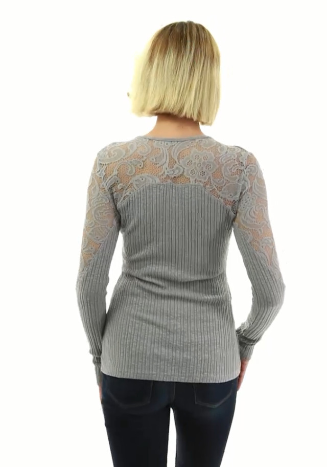 herlipto ❤︎ Lace-up Knit tops AmélieBoutik Women Floral Lace Inset Lace Up Ribbed Long Sleeve