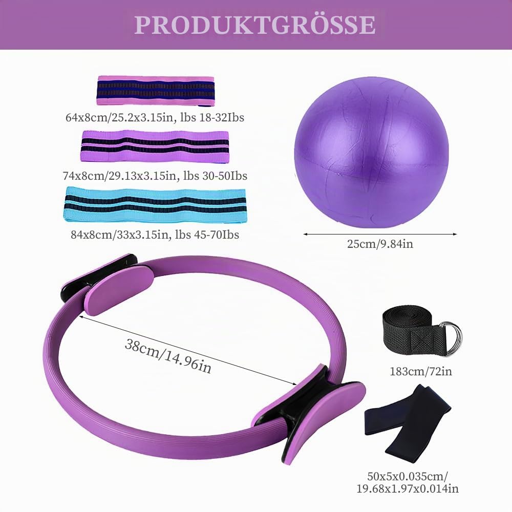 Pilates Set, 11 Teilige Pilates Zubehör, Yoga Set Mit Yoga Gurt Widerstandsring, Pilatesball, Stärken des Rumpfes Und Fitness, Für Bauch Beine Po Heimtraining Und Studio-Workout (Lila)