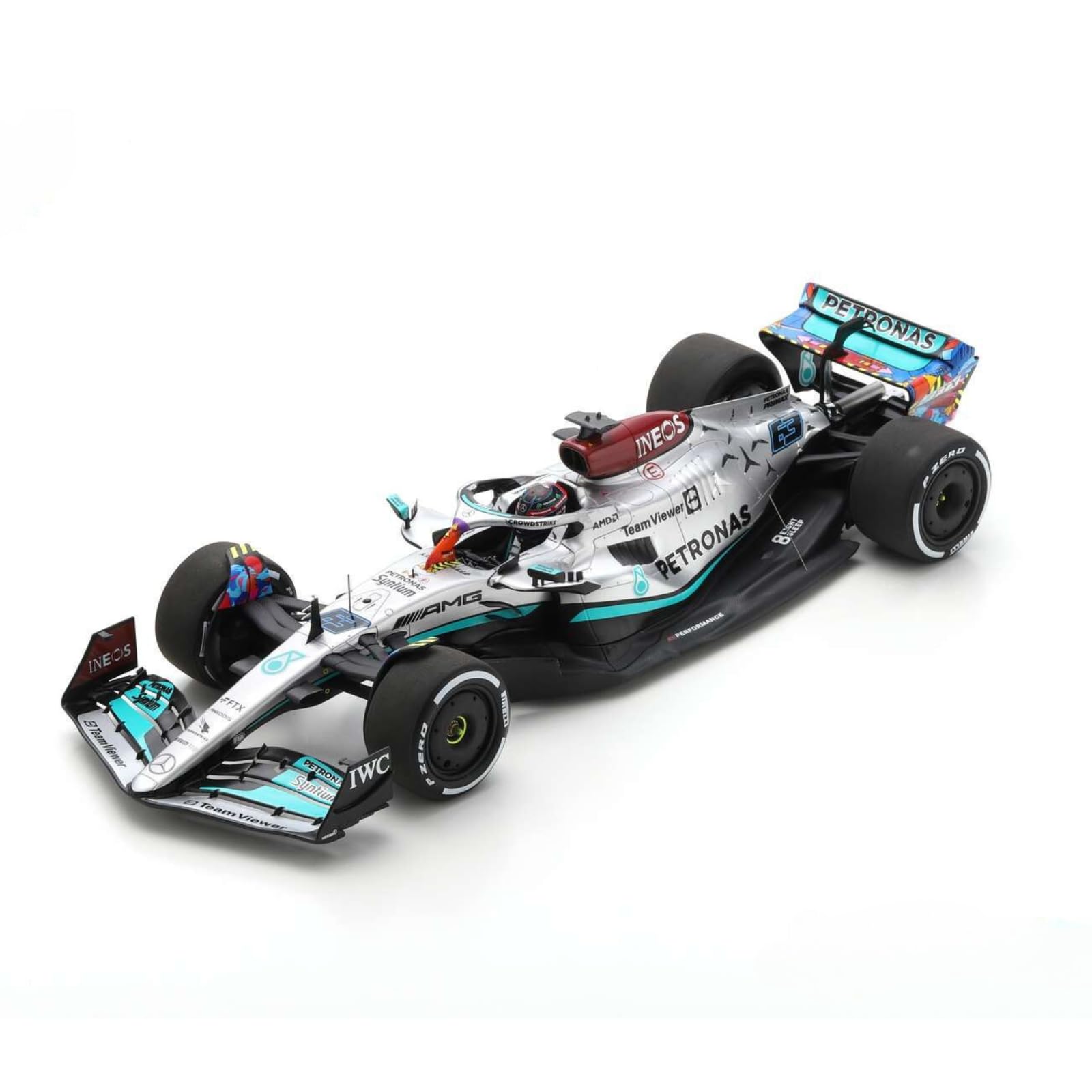 Spark Model z żywicy Grand Prix w skali 1:18, kompatybilny z Mercedes AMG W13 George Russell (Miami GP 2022) w kolorze srebrnym