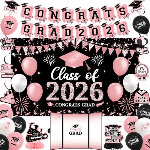 Vlipoeasn Pink 2026 Graduation Party Decorations Class of 2026 College/High School Graduation Decorations Party Supplies Black and Pink 2026 Congrats Grad Backdrop Banner Signature Book