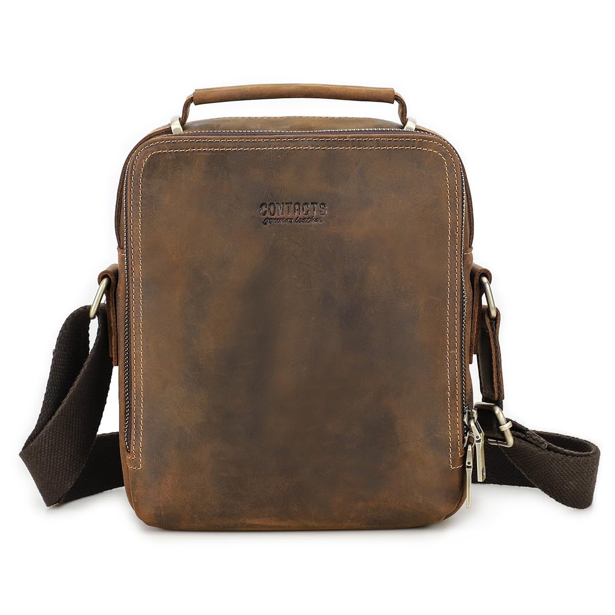 CONTACTS Full Grain Leather Small Messenger Bag for Men Travel Crossbody Shoulder Bag Zipper Sling Bag Satchel with