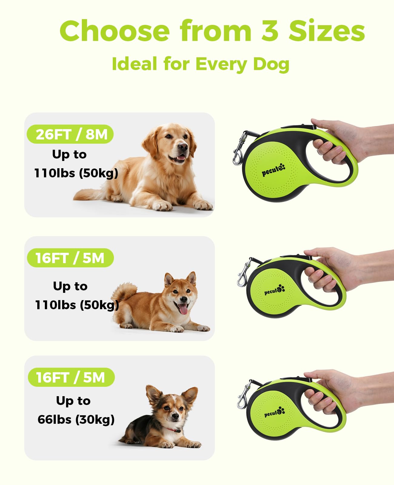 Pecute Laisse Chien Enrouleur 8m, avec Lampe LED Rechargeable，Laisses Rétractables pour Chiens(Jusqu'à 50Kg), avec Un Boutton S'arrêter Bloquer, Ruban en Nylon avec Coutures Réfléchissantes