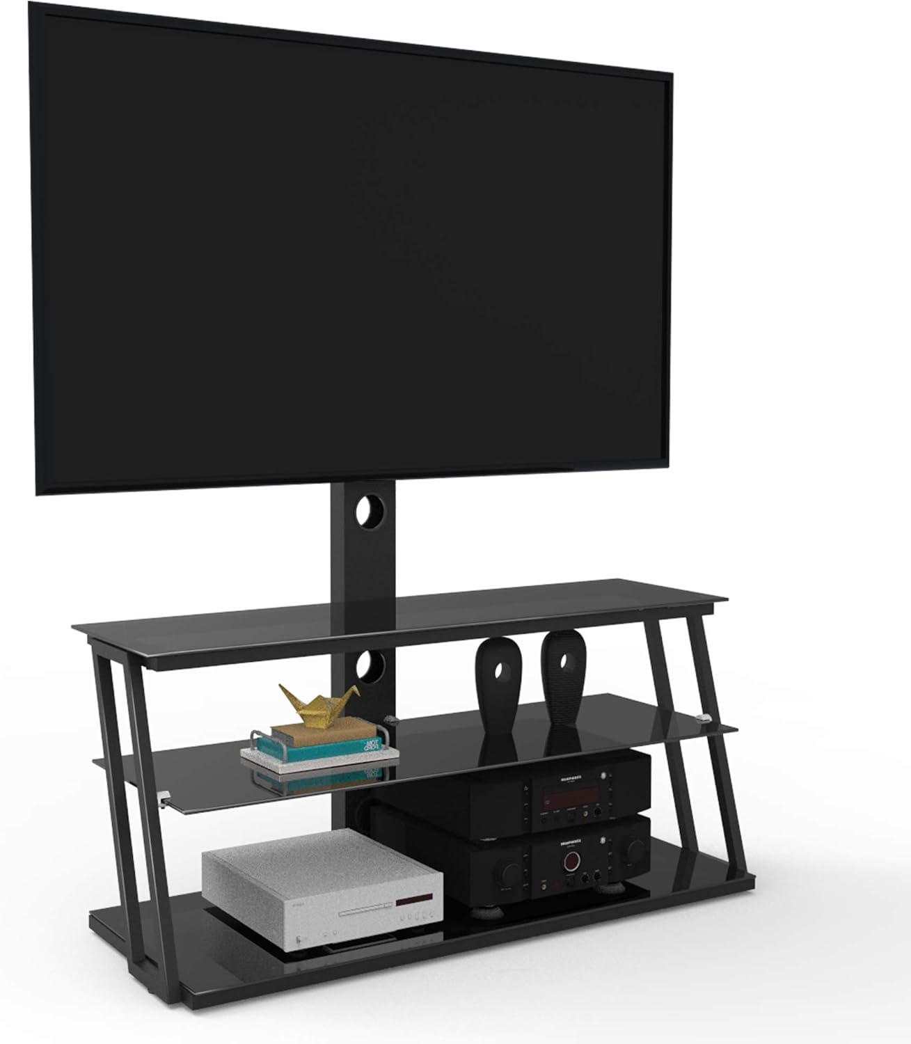 Corner Glass Swivel TV Stand with Mount and Shelves for Flat/Curved Screen 32 to 65 inch Height Adjustable Universal Entertainment Floor Stand (Black)