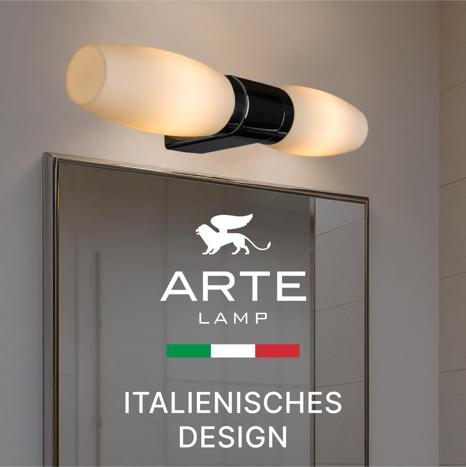 ARTE LAMP Spiegelleuchte Bad Aqua-Bastone – Badezimmer Wandleuchte Innen 2-flammig mit weißem Glasschirm, E14, Chrom, feuchtigkeitsresistent, 42 x 11 x 8 cm