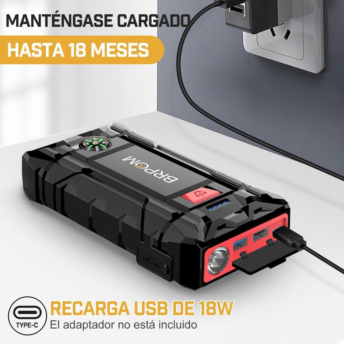 BRPOM Arrancador de Coches 8000A, 12V Arrancador de Baterias de Coche(para 7.0L de Gasolina o 5.5L de Diésel) Jump Starter con Linterna LED de Emergencia, Espera Larga, Carga Rápida