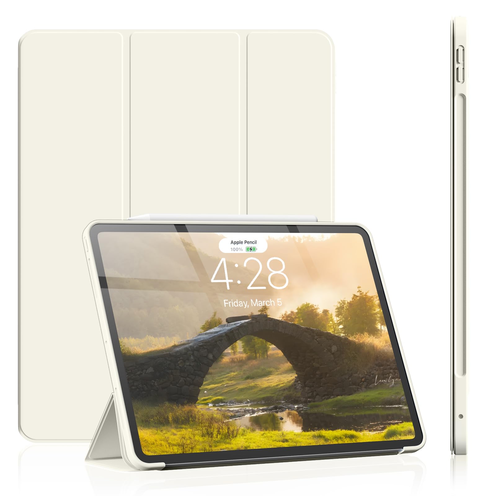 ZOYU iPad Pro 11 Inch Case M4 2024 Model 5th Generation, Slim Trifold Smart Stand With Soft TPU Back, Auto Wake/Sleep, Supports Pencil Pro & USB-C Charging - Cream White