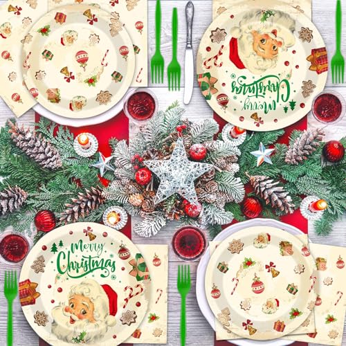 Image of Qyeahkj 100 Pcs Christmas Xmas Party Paper Plates and Napkins, Vintage Holiday Party Supplies Birthday Party Tableware Set Table Decorations Favors with Forks for Girls Boys Kids Serve 25