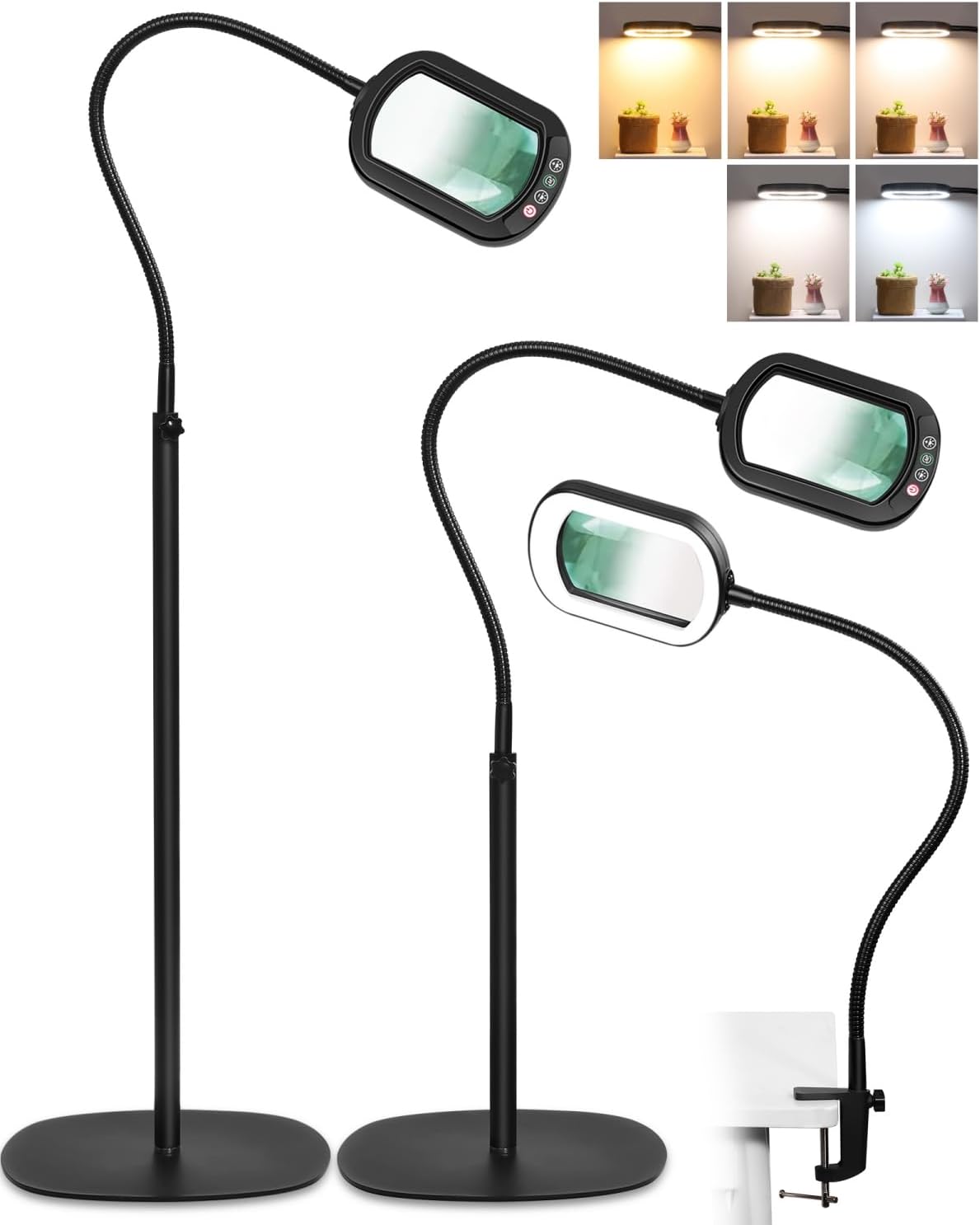10X Rectangle Magnifying Glass with Light and Stand, 24" Flexible Gooseneck 3-in-1 Floor Lamp, 5 Color Modes Stepless Dimmable, LED Lighted Hands Free Magnifier for Reading Crafts Painting Close Work Black 10X