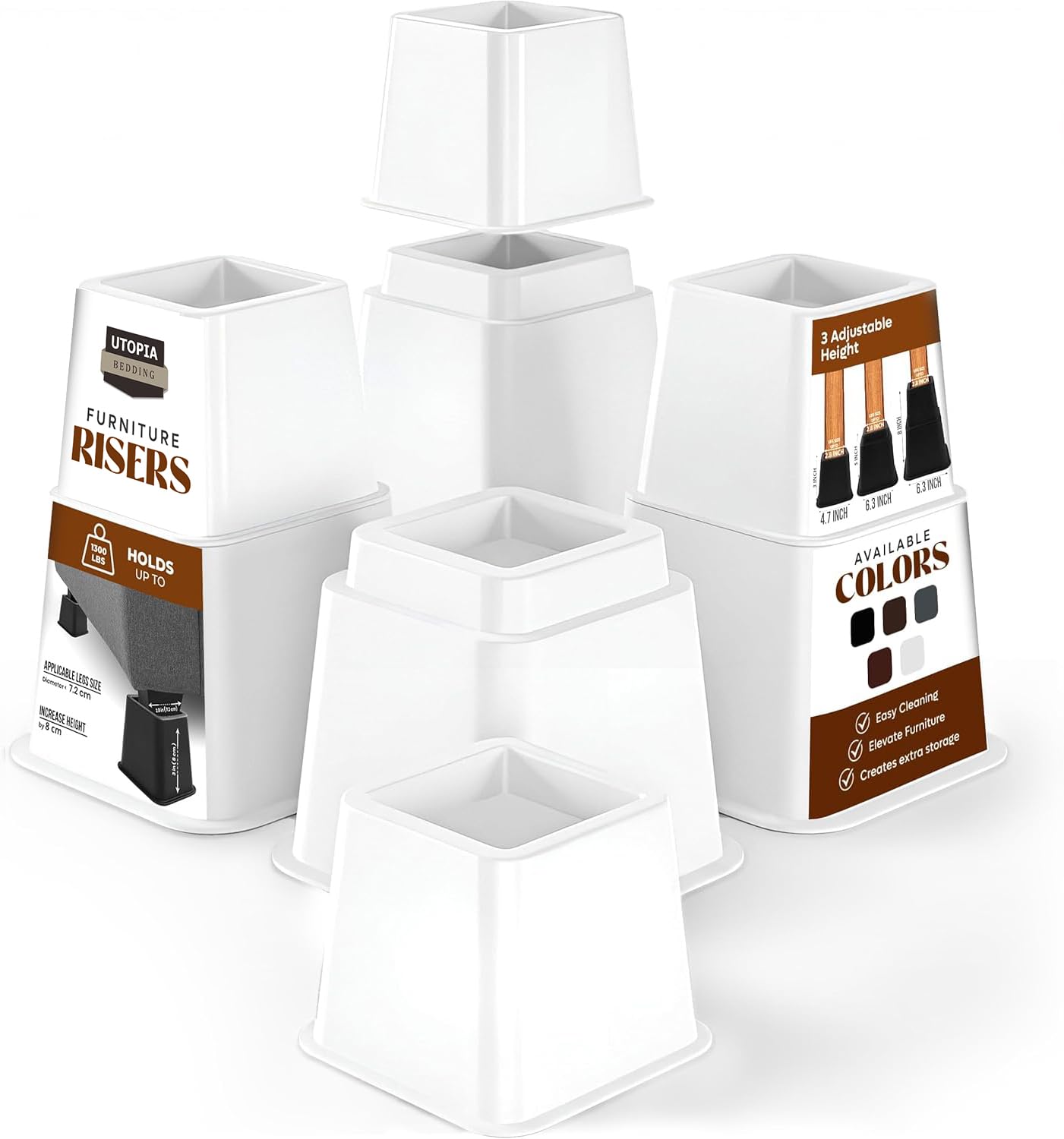 Utopia Bedding Adjustable Bed Furniture Risers - Elevation in Heights 3, 5 or 8 Inch Heavy Duty Risers for Beds and Under Bed Storage - Supports up to 1,300 lbs - (Set of 4 Riser, White)