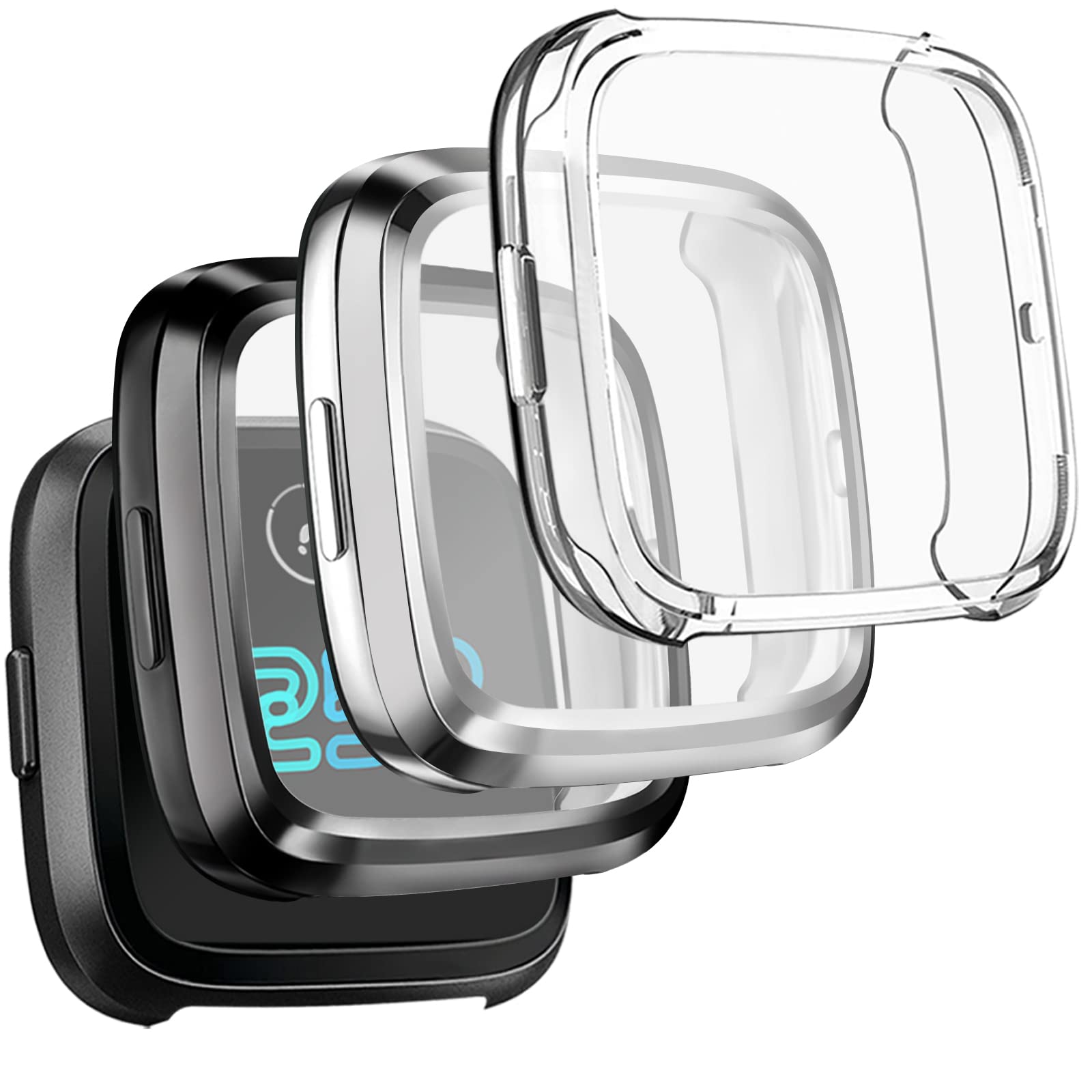 [3 Pack] Screen Protector Compatible with Fitbit Versa 2 Case, TPU Plated Full Around Protective Case Cover for Fitbit Versa 2 Smartwatch (Black, Silver, Clear)