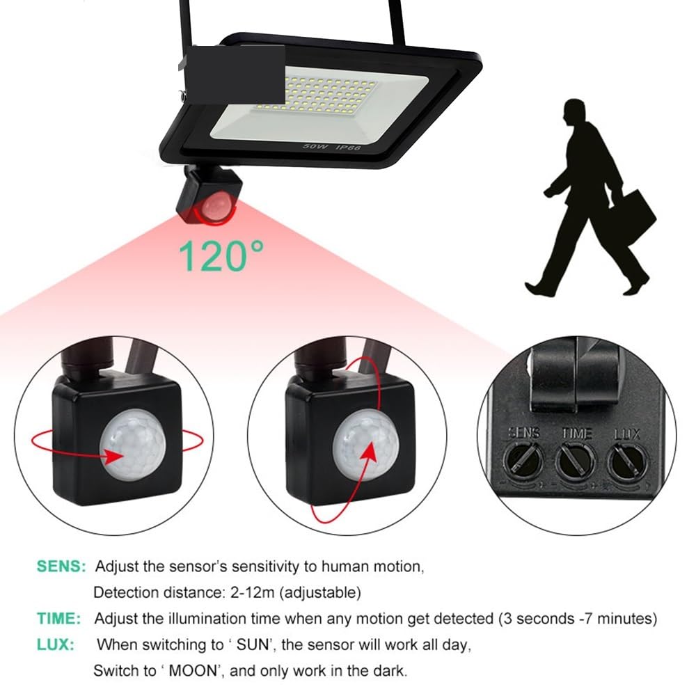 Focos exteriores, Reflector LED De 10W, 20W, 30W, 50W, 100W, Con Sensor Movimiento PIR Impermeable, Lámpara Pared For Exteriores, Foco Luz Inundación(Warm White,50W)
