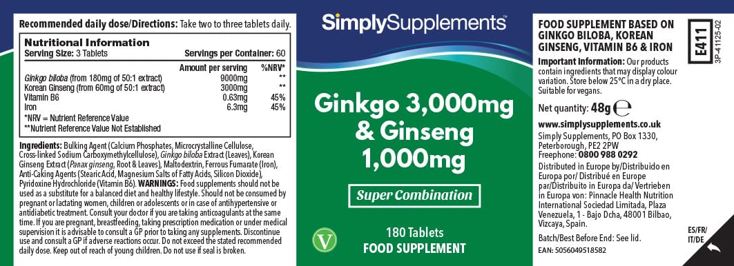 Ginkgo Biloba 3.000mg & Ginseng Coreano 1.000mg – Integratore Naturale ad Alta Potenza – 360 Compresse Vegane – Scorta per 4 Mesi – SimplySupplements