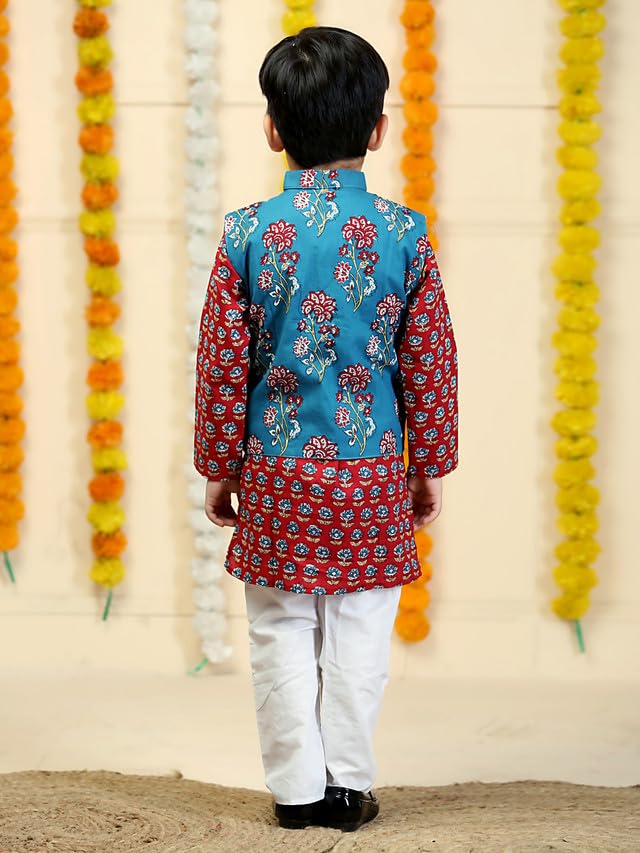 Image of The Mom Store Boys Printed Cotton Kurta Pajama Set With Jacket | Soft And Comfortable Ethnic Wear For Baby /Kids Boys | Full Sleeves Kurta Pyjama Set | Traditional Indian Outfit