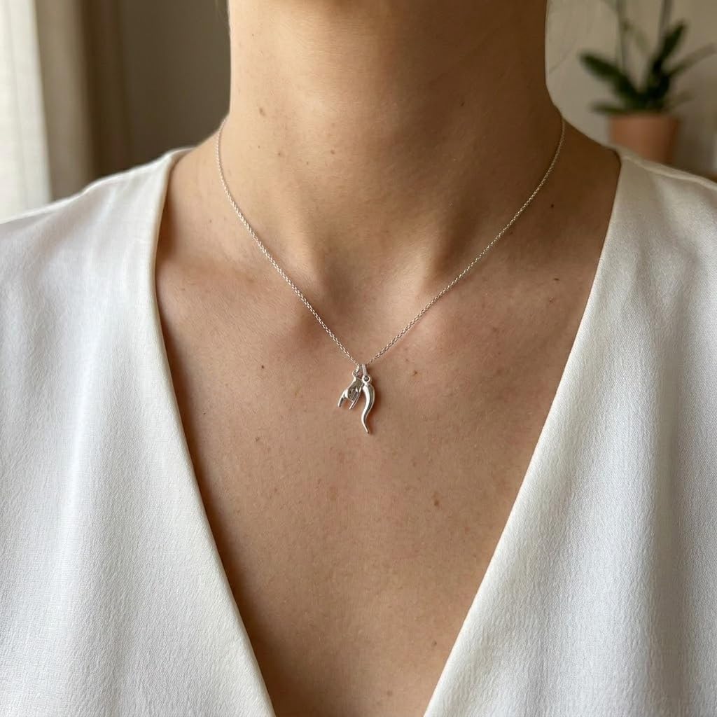 Italian Horn with Hand Sign Pendant - Gold Plated 925 Sterling Silver - 3D Good Luck Sign - Italian Mano Cornuto Hand Symbol - Cornicello Charm Pendant
